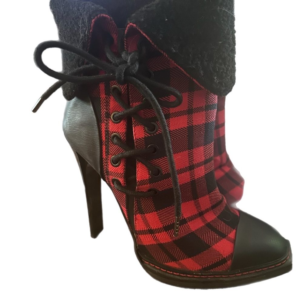 GX by Gwen Stefani Red and Black Plaid Heeled Boots